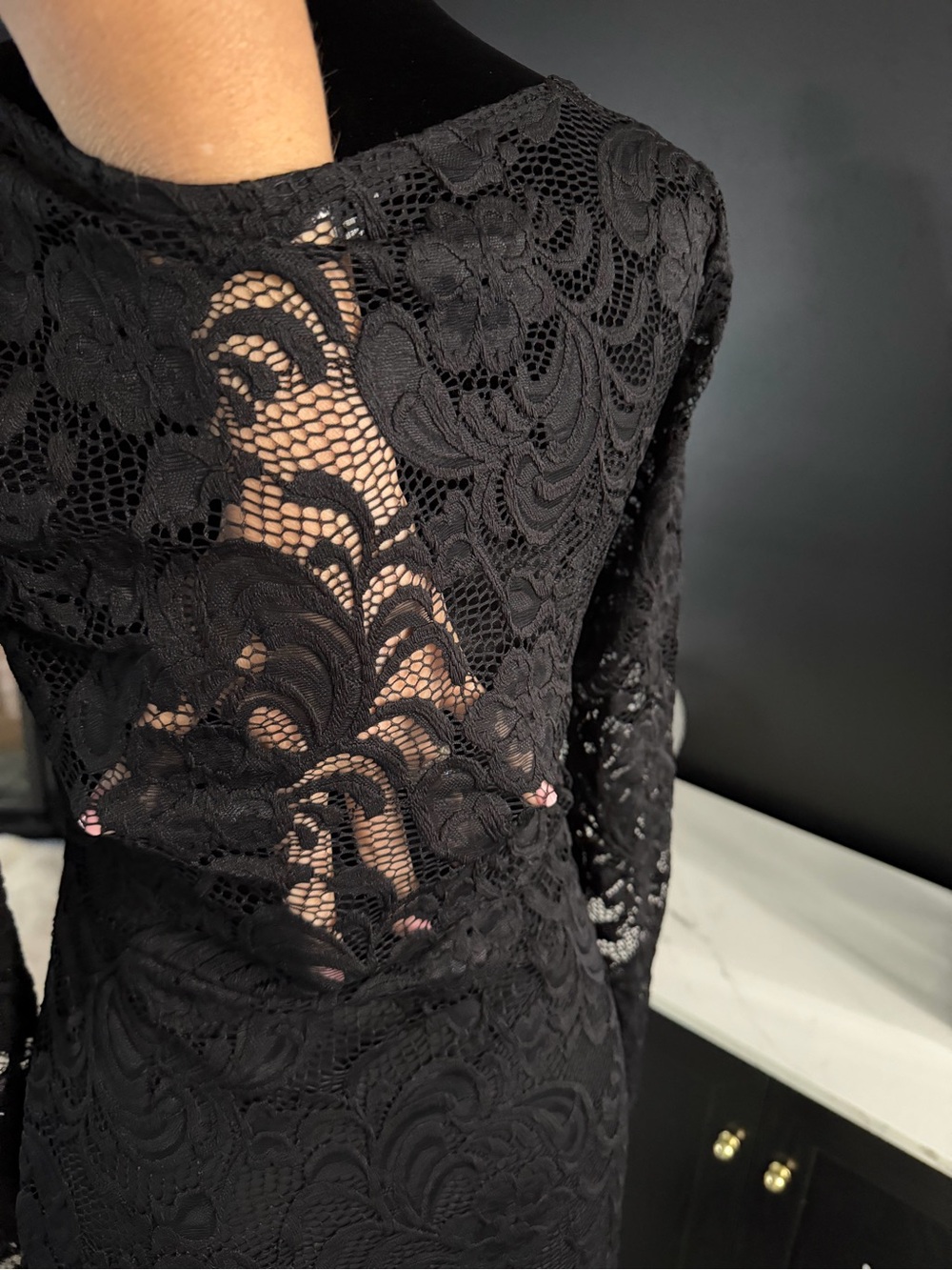 Ambiance Black Lace Sheer Long Sleeve Dress Bodycon - Picture 5 of 6